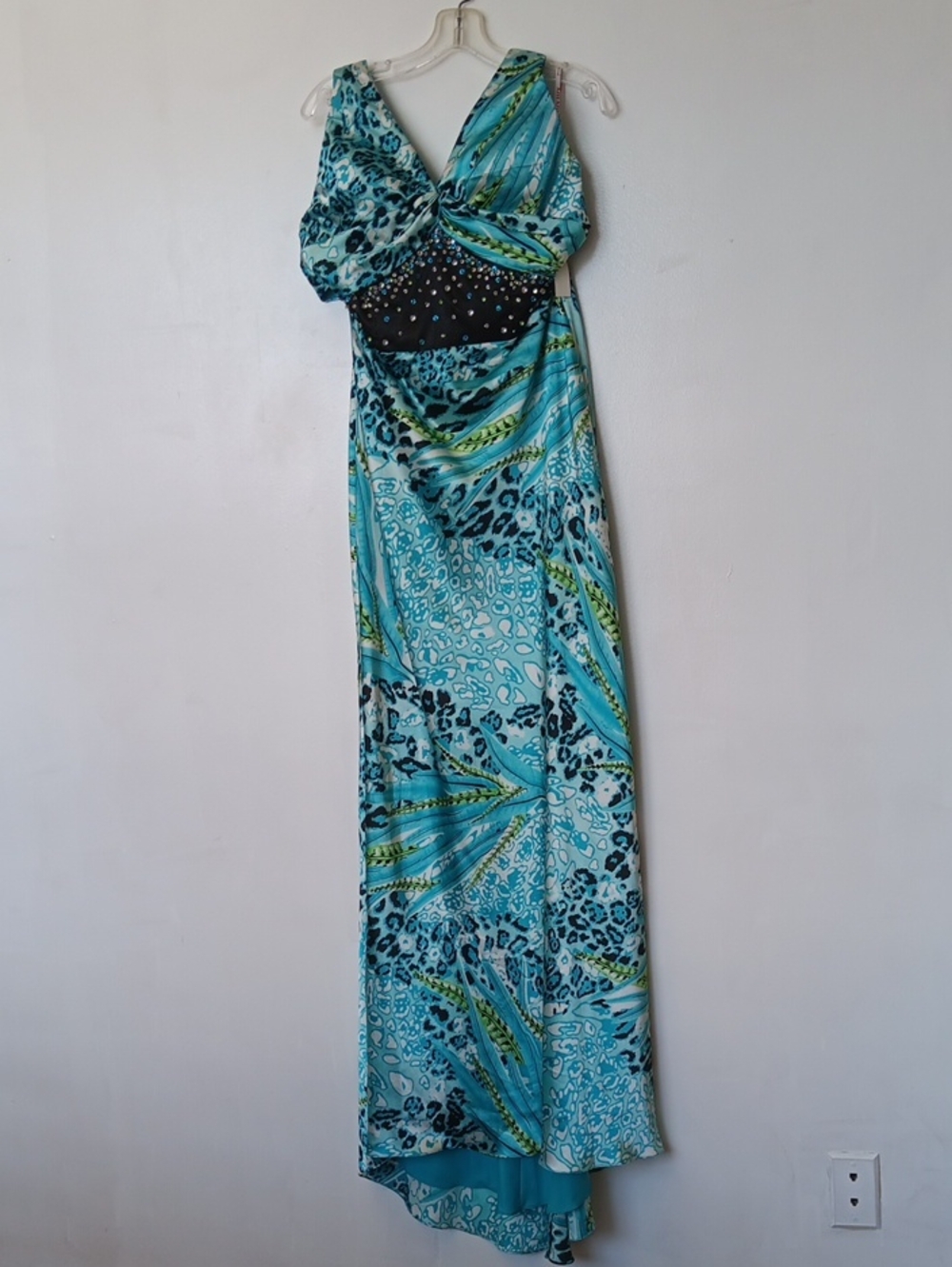 Turquoise Printed Maxi Dress with Embellished Black Waist